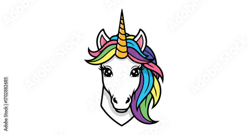Colorful unicorn head illustration with rainbow mane and golden horn, perfect for fantasy themes and creative projects and childrens media