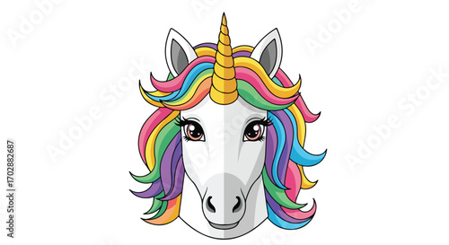 Enchanting unicorn head with vibrant rainbow mane and golden horn on white backdrop, ideal for fantastical designs and whimsical creations