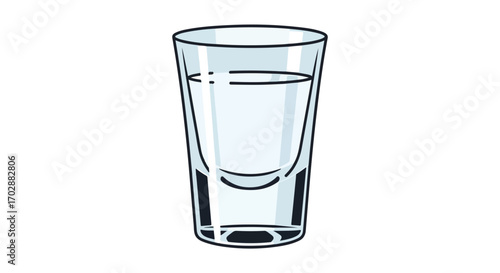 Elegant tall shot glass filled with clear liquid against a pristine white backdrop depicted with a subtle artistic line drawing style