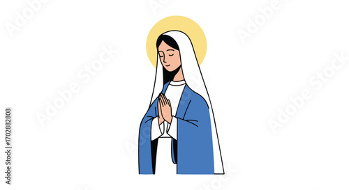 Illustrative depiction of the virgin mary in a moment of prayerful devotion with an ethereal halo  emphasizing her serene countenance and spiritual