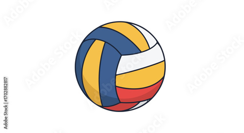 Stylized volleyball illustration showcasing segments of blue, yellow, white, and red panels offering simple graphic appeal