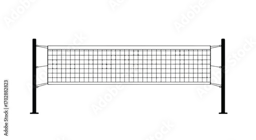 Monochrome depiction of a volleyball net set up, showcasing the grid pattern and structural support system for competitive gameplay