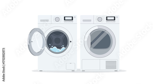 Modern laundry appliances: Washing machine with open door and dryer, essential household equipment for cleaning and drying clothes efficiently