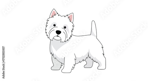 Charming Cartoon Illustration of a West Highland White Terrier standing alertly, showcasing its distinct features and breed-specific traits