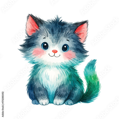 Cute Watercolor Kitten Illustration with Fluffy Fur and Big Eyes