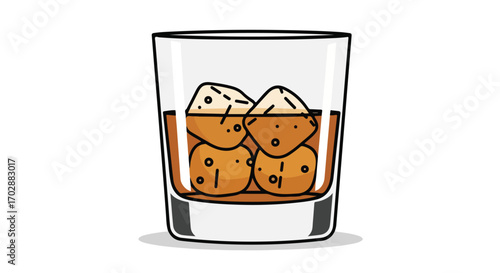 Illustration of a glass filled with amber liquid and ice cubes representing a classic, refreshing alcoholic beverage for leisure