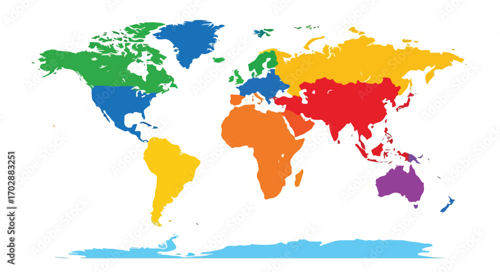 Fototapeta premium Vibrant continents: A vector illustration of the world map with various color regions, showing countries and their relative positions on Earth