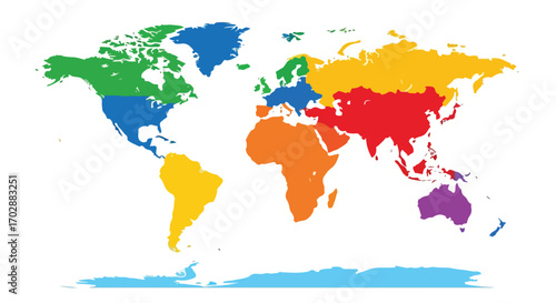 Vibrant continents: A vector illustration of the world map with various color regions, showing countries and their relative positions on Earth