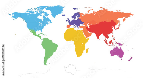 Vibrant cartographic depiction of continents highlighting global regions with distinct color schemes for creative use