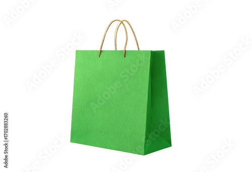A vibrant lime green paper shopping bag with gold handles