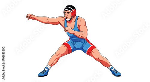 Dynamic vector illustration of a wrestler in action stance isolated on a clean white background showcasing strength and agility ready for