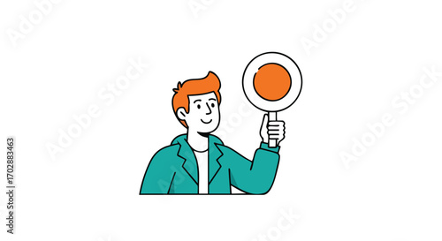 Confident man holding a round sign with orange circle, signaling decision or choice