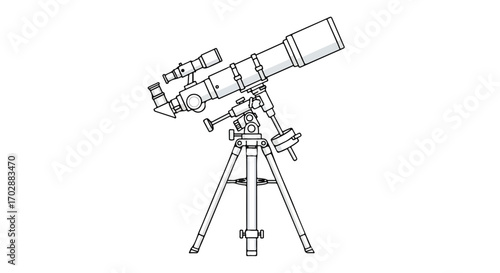 Astronomical Instrument: Detailed Line Art of a Telescope on White Backdrop for Educational Resources