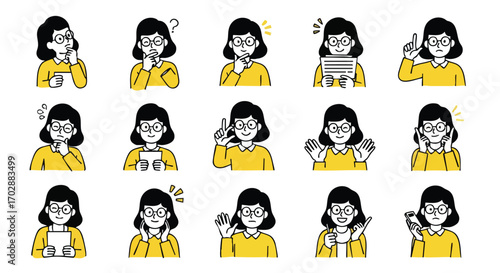 Engaging businesswoman displays diverse emotions and actions for modern communication needs