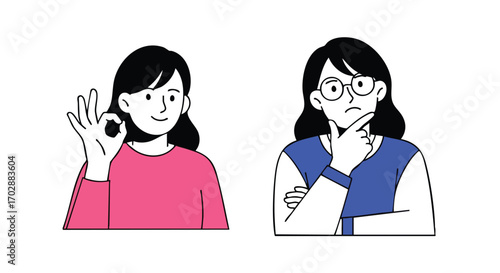 Confident woman gives okay sign next to thoughtful woman pondering deeply in clear modern illustration