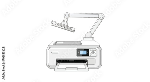 Futuristic automated printer with robotic arm for advanced document handling and management in a digital enterprise setup showcasing streamlined