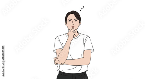 Pensive young woman deep in thought with a question mark above her head, seeking answers