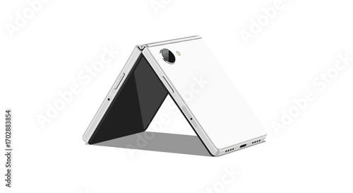 Artistic rendering of a foldable smartphone in an open tent configuration against a clean white backdrop, demonstrating its flexible design