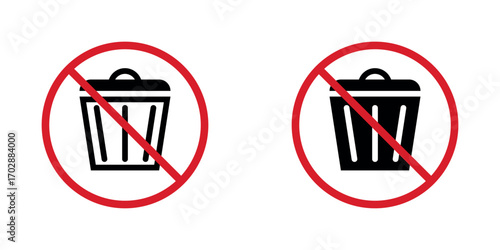 Isolated image set of black trash bin icon with a red circle and diagonal slash overlay, indicating a no trash or do not litter concept on a white background. Simple symbol vector design. 