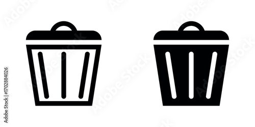 Black trash can or dustbin icons set design, filled and outline version. Simple symbol vector illustration.