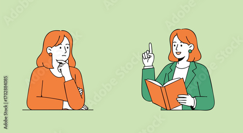 Brainstorming session with woman getting idea from book, perfect for education or problem solving concepts