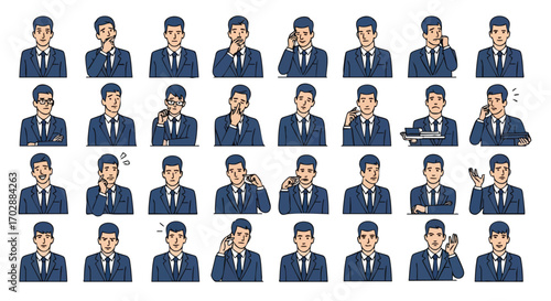 Illustrated businessman avatar emotions set for online profiles and diverse communication needs