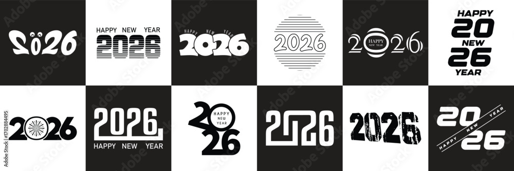 Fototapeta premium Big collection of 2026 Happy New Year logos, 2026 Happy New Year design pack, Creative number designs and festive symbols, Vector design in black and white background