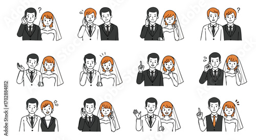 Bride and groom express confusion, concern, and ideas in wedding planning scenarios