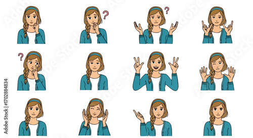 Diverse young woman expressions and gestures for communication and character design assets isolated