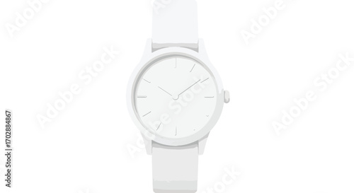 Minimalist timepiece visualization showcasing simplicity with an all-white analog wristwatch design against a clean background
