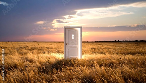 Door Standing Open in Golden Field at Sunset with Keyhole