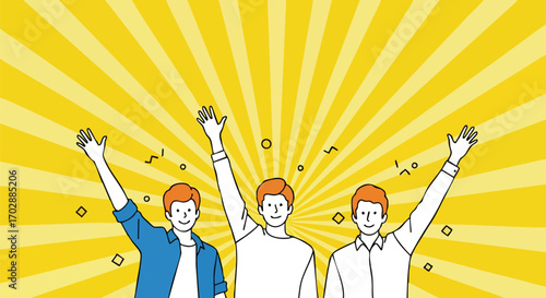 Excited diverse team celebrating success with raised hands against a vibrant yellow sunburst background