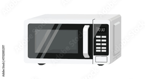 Close-up illustration of a modern white microwave oven with digital display and control panel ideal for food preparation convenience