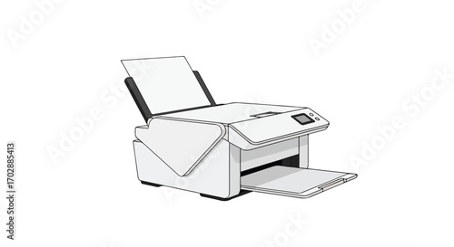 Digital reproduction device illustration for document scanning and printing in corporate environments, featuring automatic document feeder system