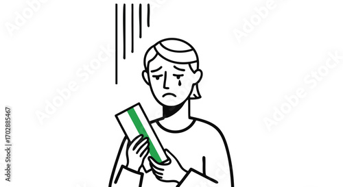 Devastated person holding a bill with a single green stripe, tears of sadness