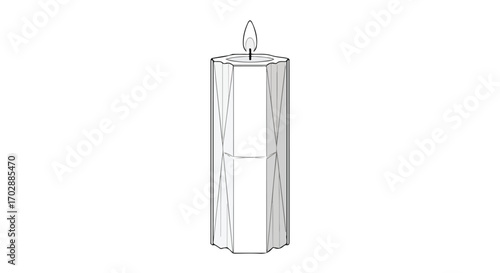Elegant hand-drawn illustration of a faceted candle with a flickering flame and polygonal sides, suitable for festive decor project