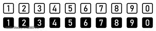 Set of bullet point numbers from 0-9 in black rounded square stroke and fill. Numeric typographic set of counting numbers from 0 to 9 for apps, websites and UI isolated in stroke and fill styles
