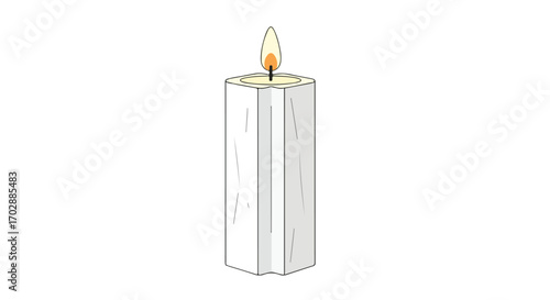 Isometric illustration showcasing a lit paraffin wax block candle emitting a warm glow, against a pristine white background for tranquility and