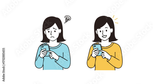 Woman experiencing frustration then joy with her smartphone, showing emotional contrast