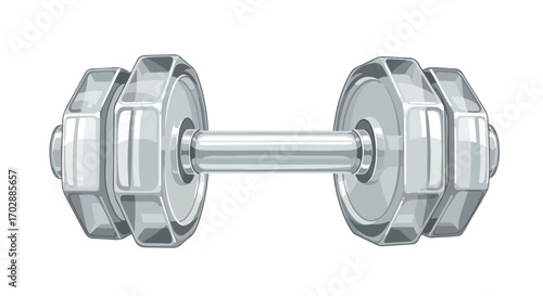 Illustration of a dumbbell with chrome finish and polygonal weight plates, isolated on white background for strength training visuals