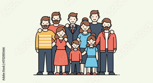 Diverse group of smiling people representing family, community, and unity in a modern, clean style