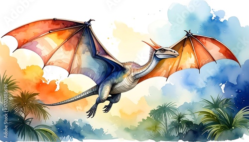 Watercolor illustration of a fantastical flying dragon