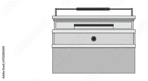 Detailed technical illustration of a metal modular container system for industrial use and organized storage featuring drawers and a locking mechanism