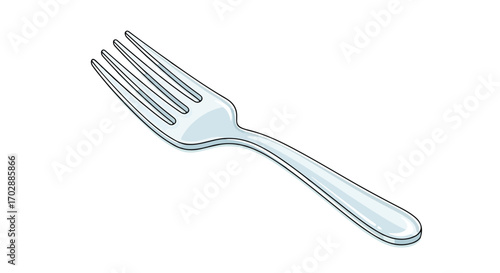 Sleek silver fork illustration on white backdrop, food utensil dining eating concept showcasing simple yet elegant design featuring bright and clean