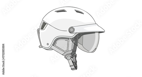 Detailed monochrome illustration showcases a modern, full-face motorcycle helmet design, angled to highlight its protective features and aerodynamic