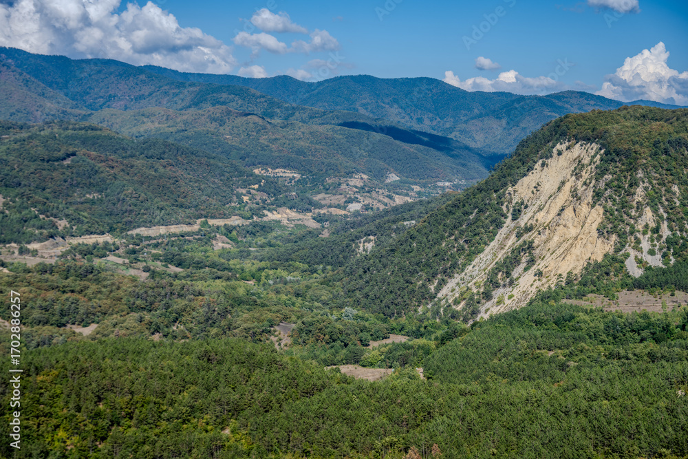 Naklejka premium Mountain valley with forests and cliffs