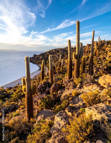 Cactus landscape by a serene lake