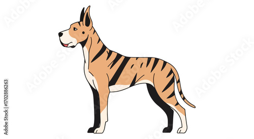 Cartoon depiction of a stylized dog with tiger stripes standing on a white background in a simple illustration style