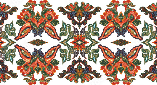 Intricate Floral Design, Textile Pattern, Vibrant Colors, Graphic Art, Digital Illustration