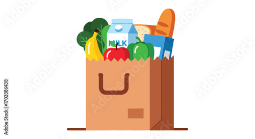 Minimalist vector illustration showcasing a brimming paper grocery bag, filled with fresh produce and staple food items, conveying abundance and